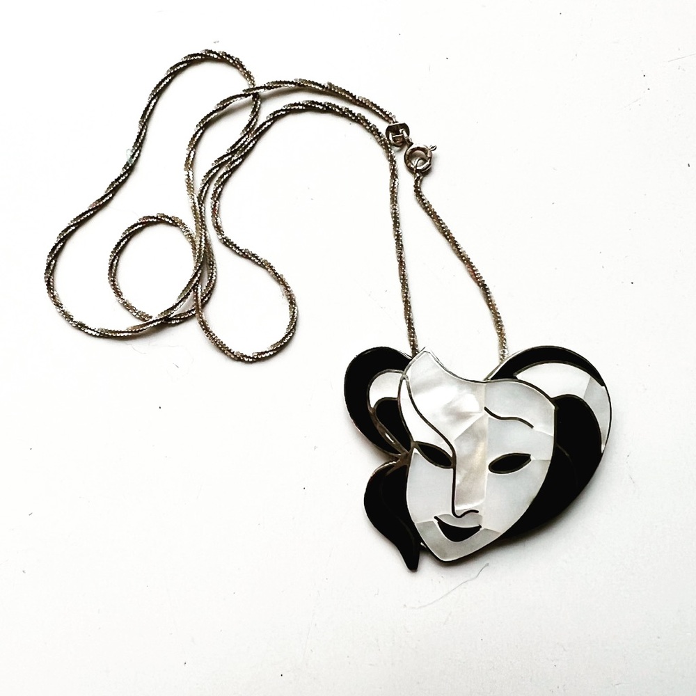 🎭Vintage Alpaca Mexico theater mask brooch pin & necklace